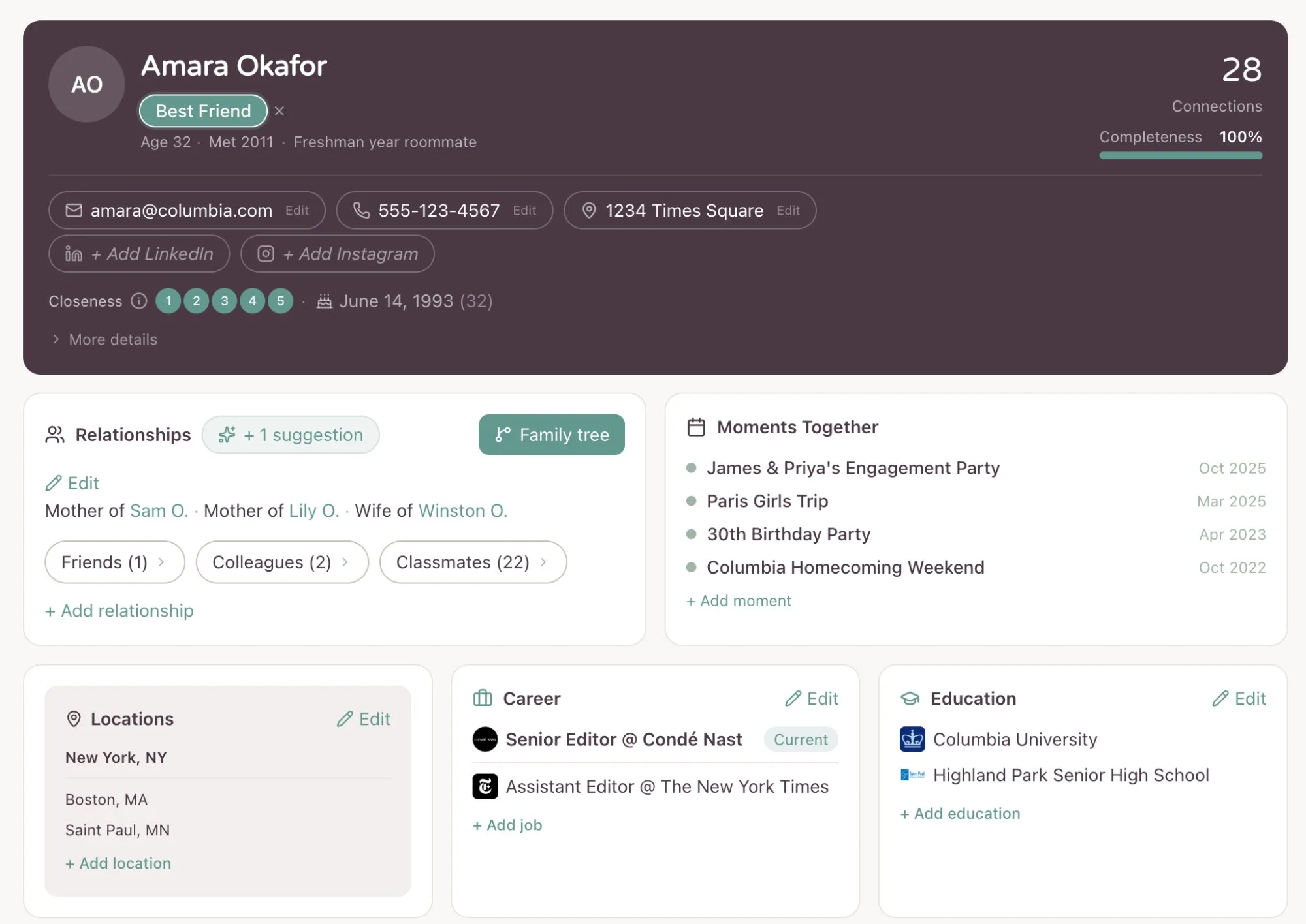 Contact detail page showing profile, locations, jobs, relationships, and completeness score