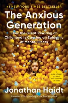 Front cover of The Anxious Generation, showing a girl in a yellow hoodie holding a phone while sitting in a ball pit of yellow plastic balls.