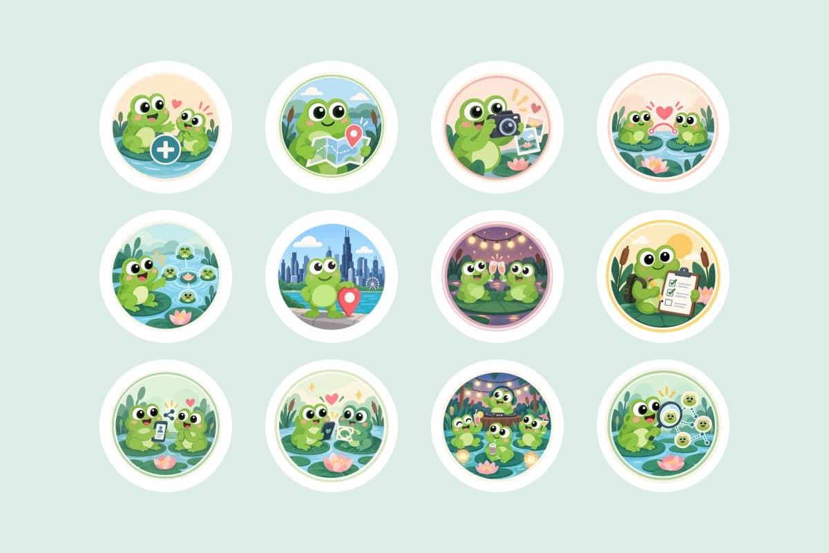 A grid of colorful YourPond achievement badges