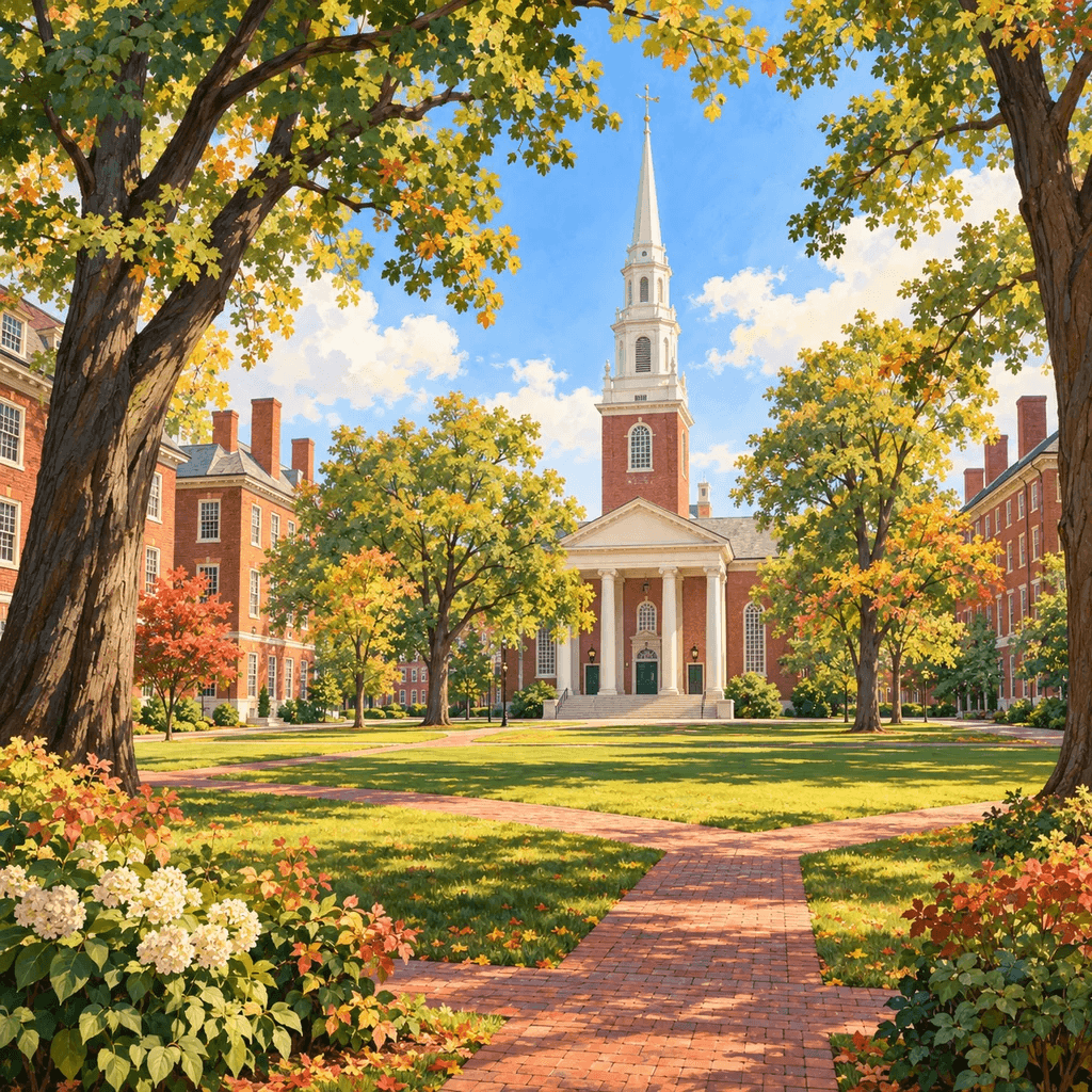 The illustrated Harvard University stamp from Pond Passport, a white-steepled brick church across an autumn yard