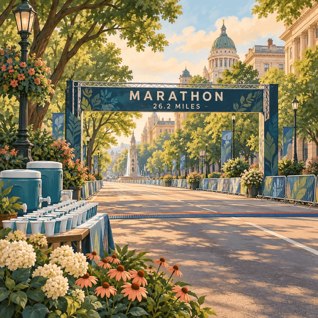 The illustrated Marathon stamp from Pond Passport, a start arch reading 'Marathon 26.2 miles' over a tree-lined city street