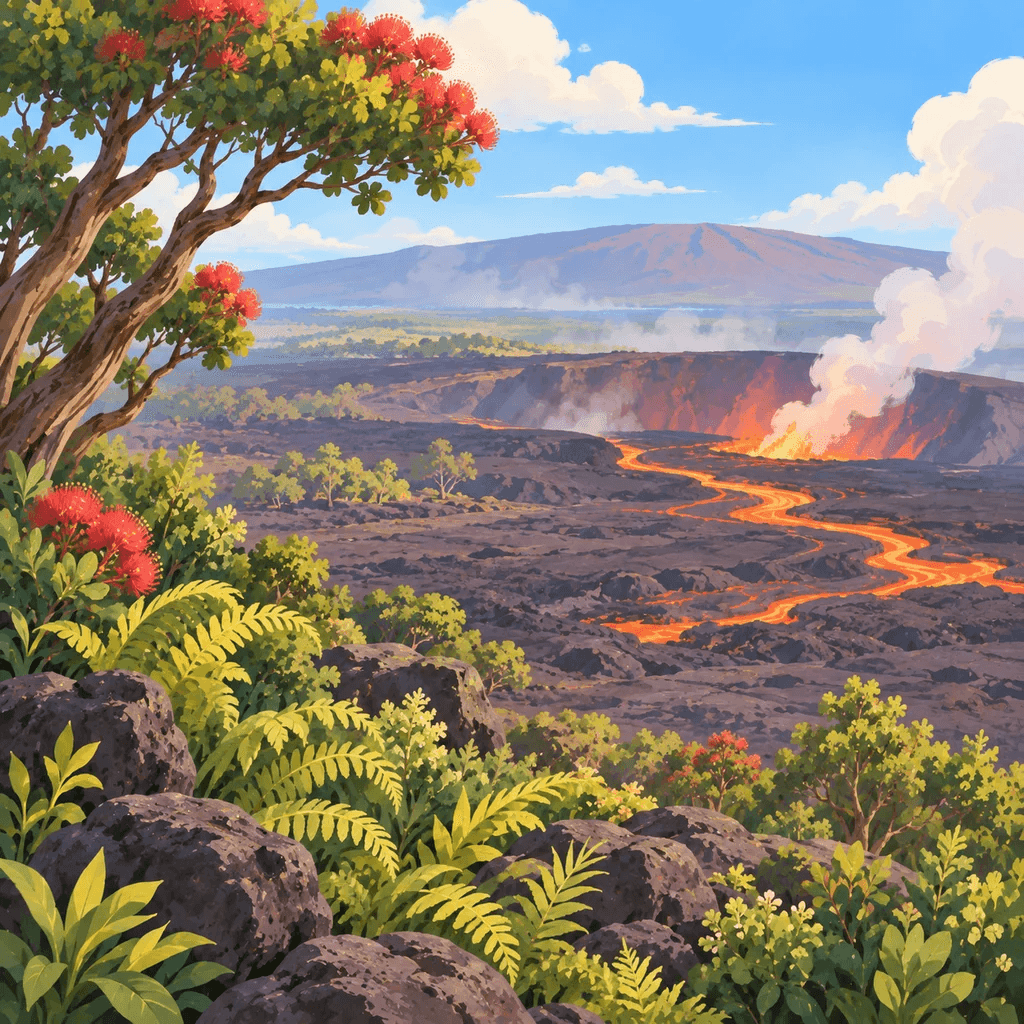 The illustrated Hawaiʻi Volcanoes National Park stamp from Pond Passport, a lava flow and steam beside a crater