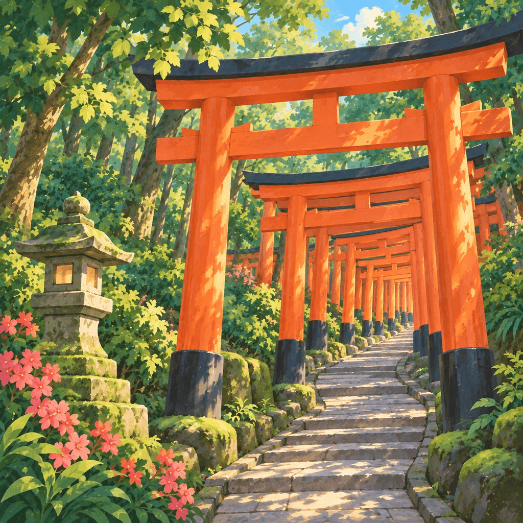 The illustrated Fushimi Inari Shrine stamp from Pond Passport, rows of orange torii gates along a forest path