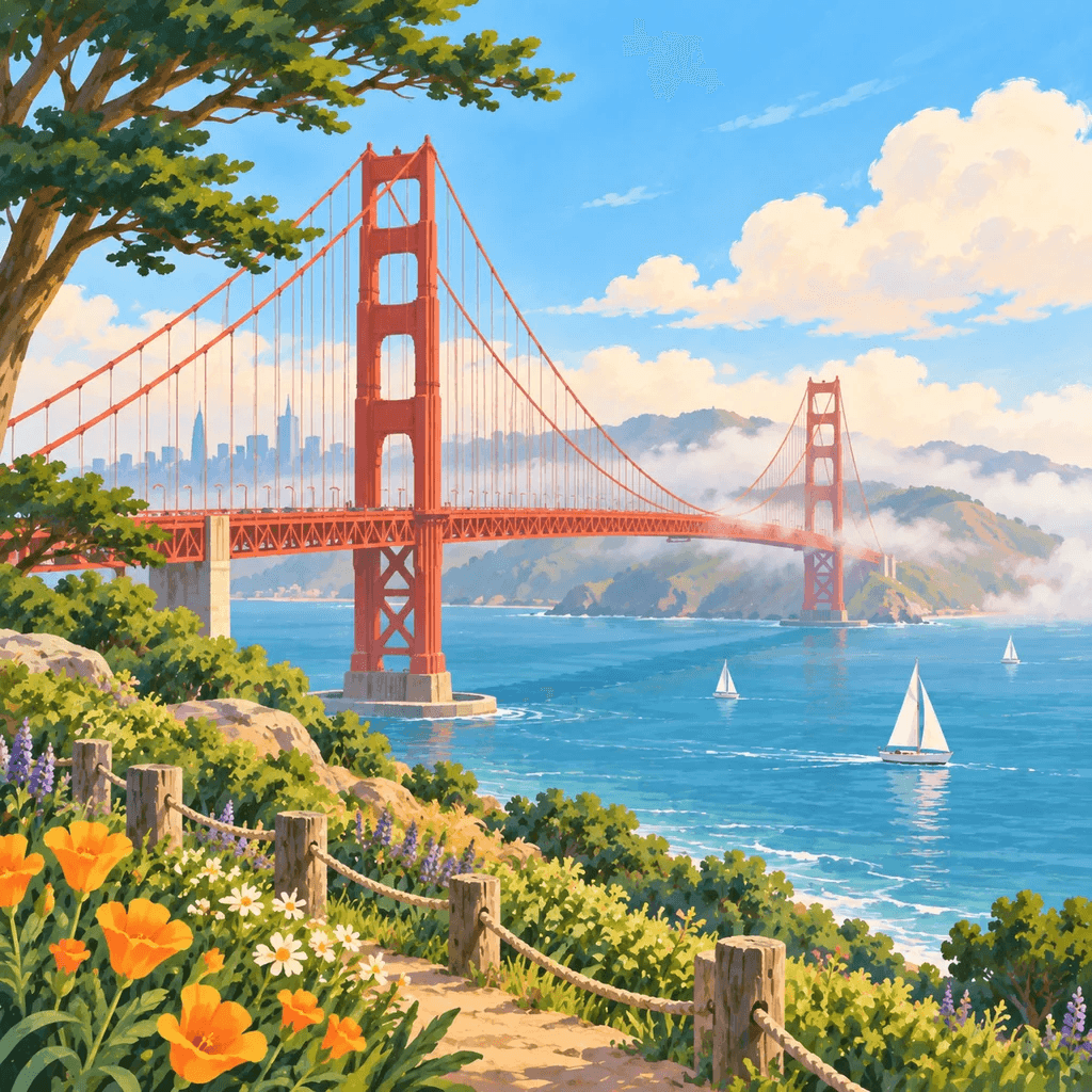The illustrated Golden Gate Bridge stamp from Pond Passport