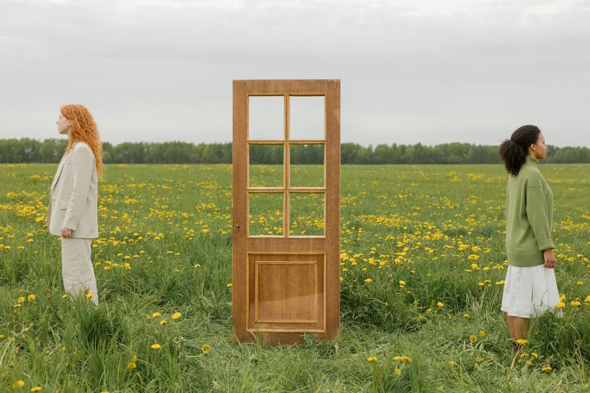 Two people standing apart in a dandelion meadow, facing away from each other on either side of a freestanding wooden door