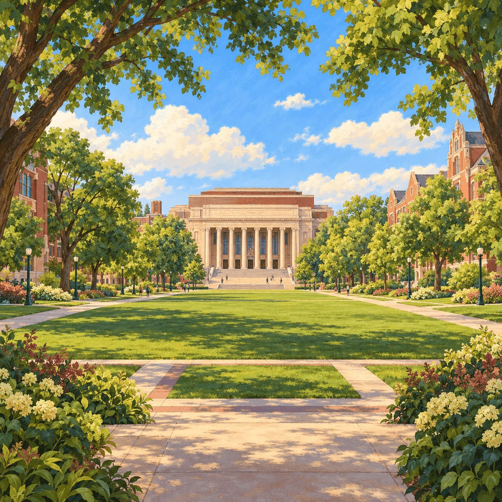 The illustrated University of Minnesota Twin Cities stamp from Pond Passport, a columned hall at the end of a tree-lined lawn