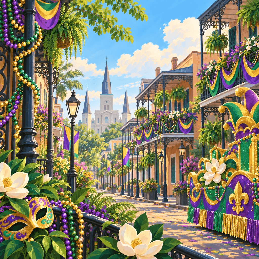 The illustrated Mardi Gras in New Orleans stamp from Pond Passport