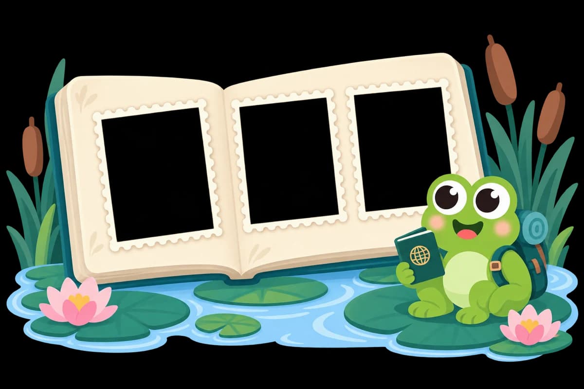 A frog with a backpack holding a passport, sitting on a lily pad beside an open stamp album holding stamps of the Pyramids of Giza, the Taj Mahal and New York City