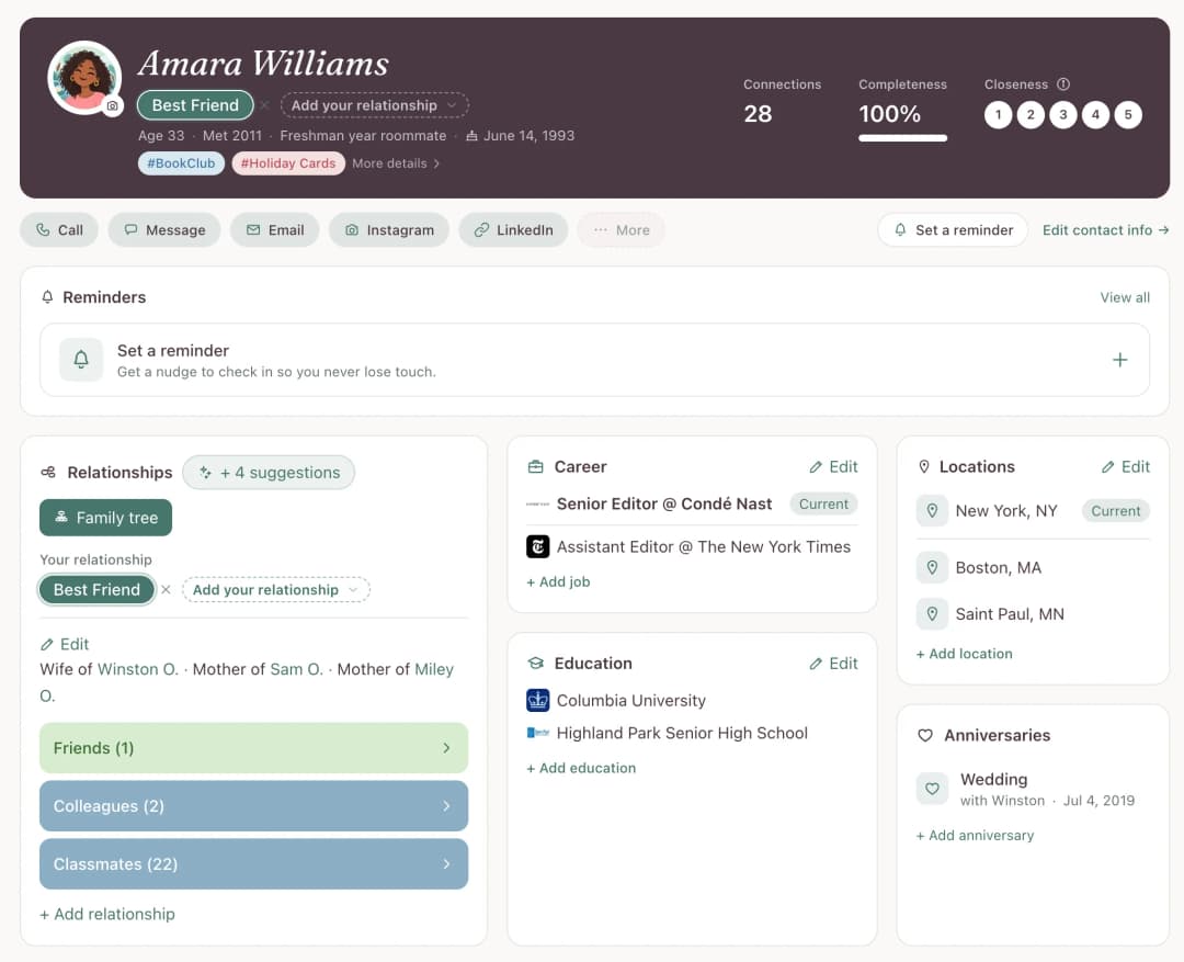 A YourPond contact profile holding the small details — a friend's dietary preferences, their dog's name, notes, and birthday, all kept in one place