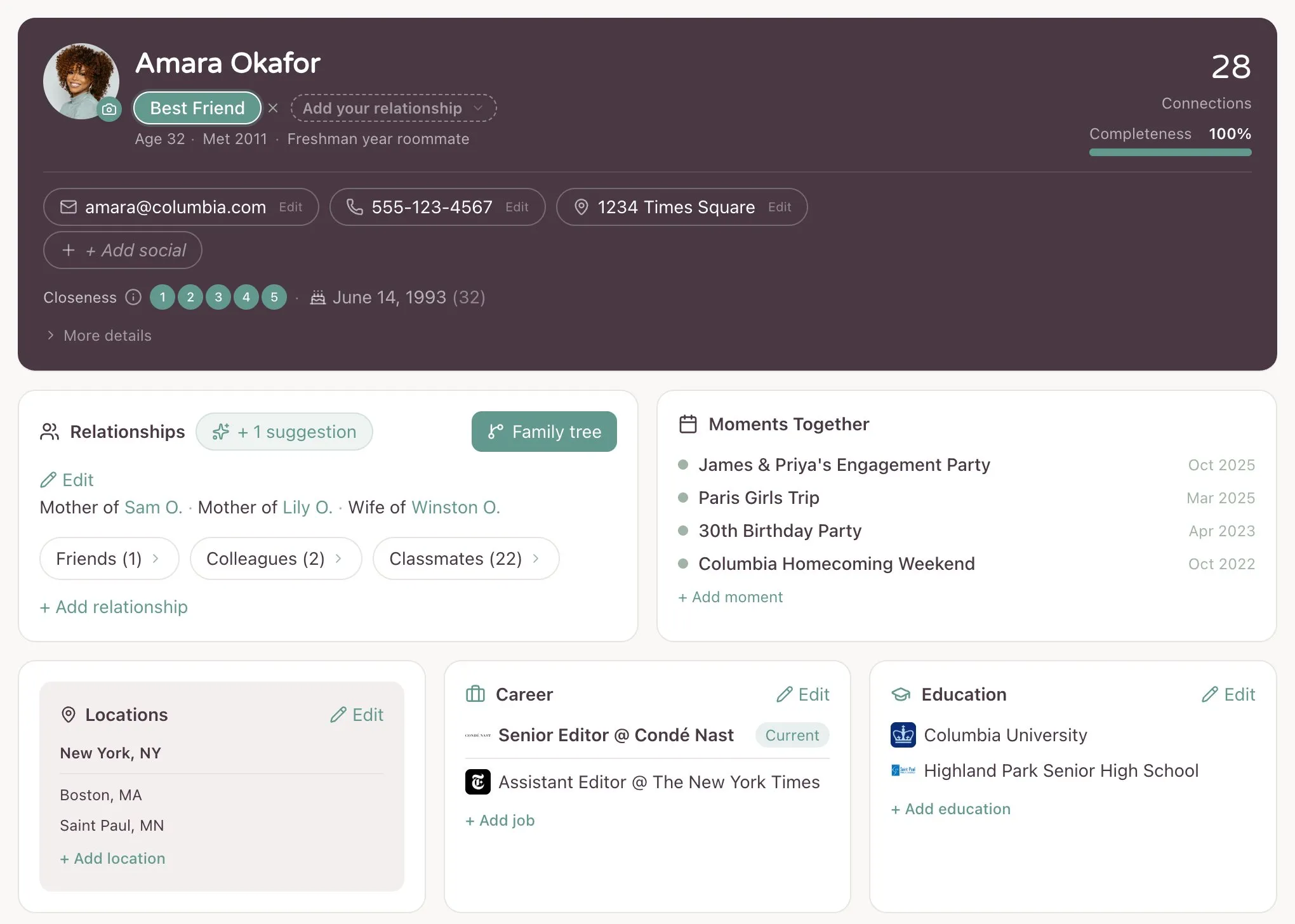 A YourPond contact detail page with location history, job history, education, birthday, and every relationship on one screen, plus a completeness score