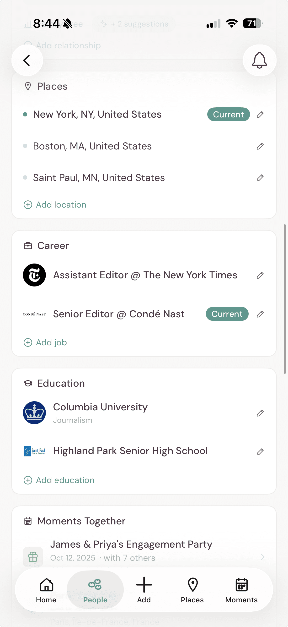 A contact's career history showing roles at The New York Times and Condé Nast