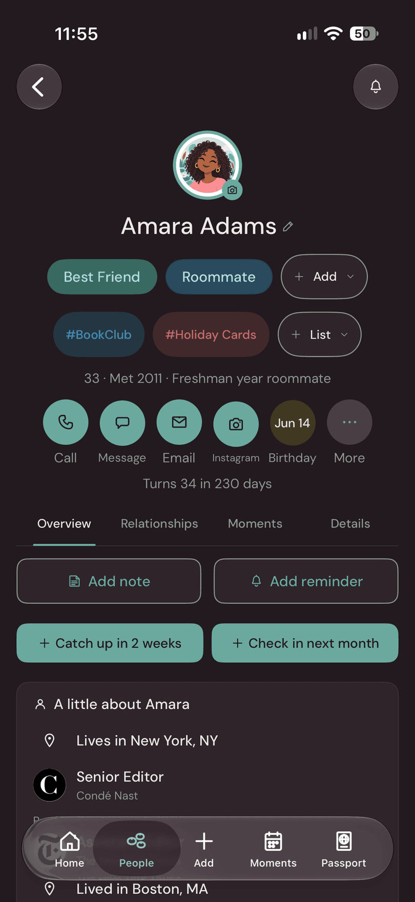 Amara Adams's contact profile in YourPond, with her tags, quick actions, birthday and job