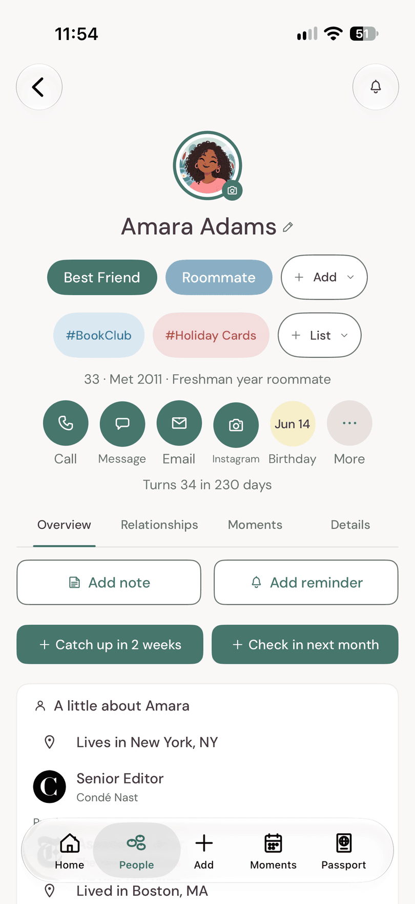 Amara Adams's contact profile in YourPond, with her tags, quick actions, birthday and job