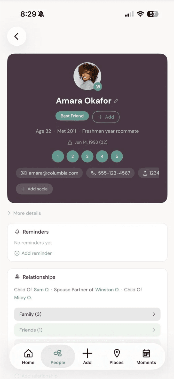 Amara Okafor's contact detail page in YourPond