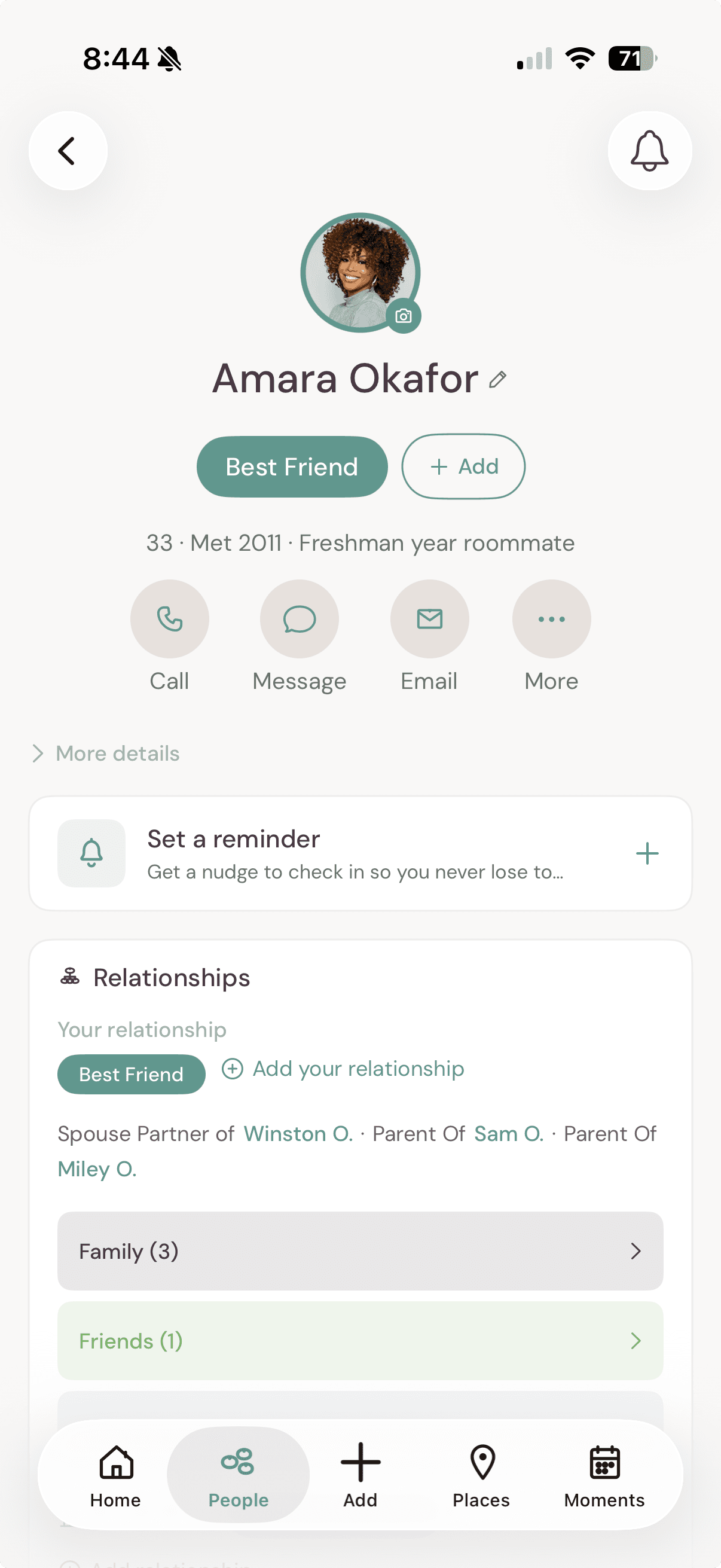 Amara Okafor's contact detail page in YourPond