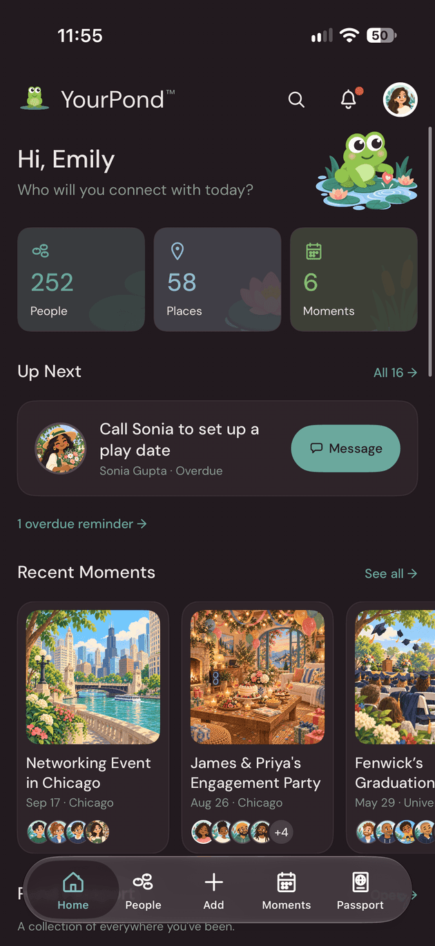 The YourPond Home screen: people, places and moments counts, a reminder to call Sonia, and recent moments