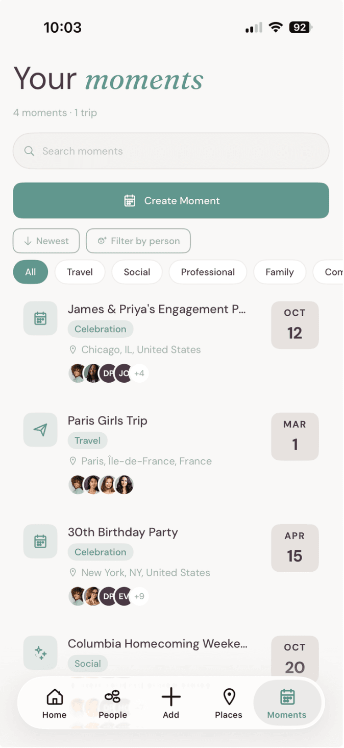 Your moments calendar showing upcoming birthdays and events