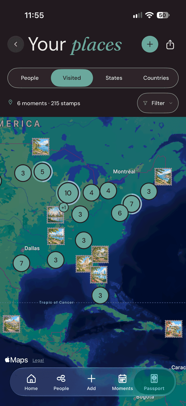 The Your places map in YourPond, with visited stamps and moment clusters across North America