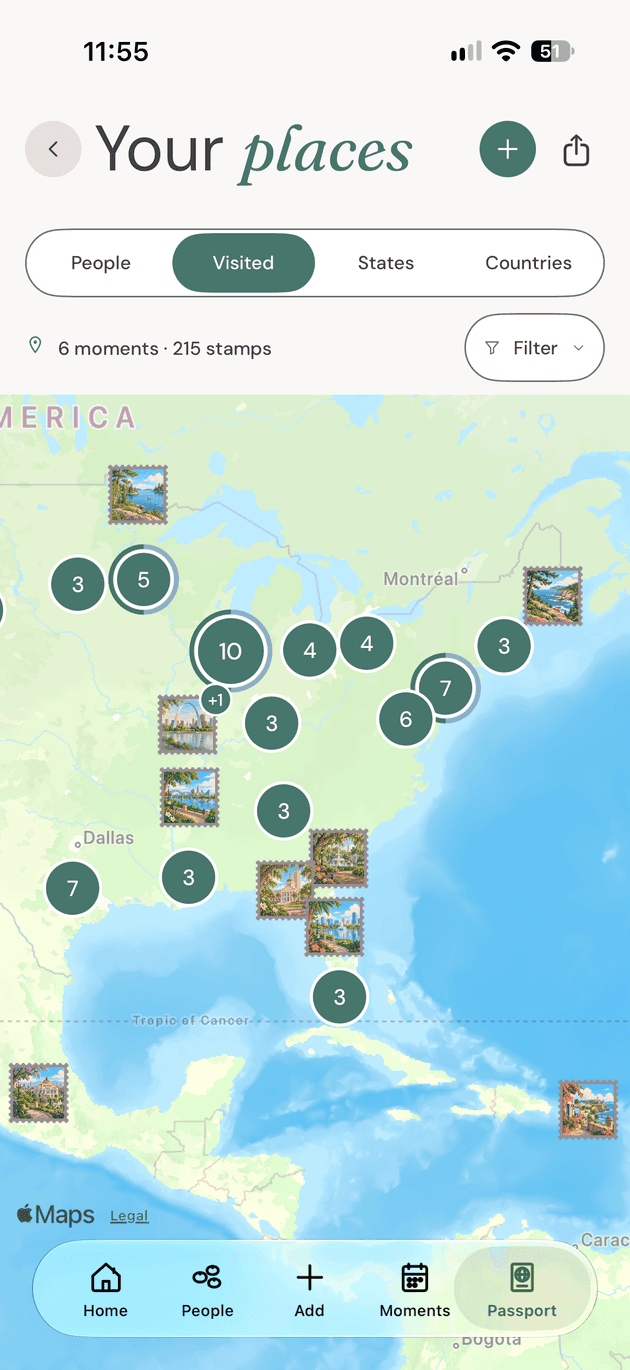 The Your places map in YourPond, with visited stamps and moment clusters across North America