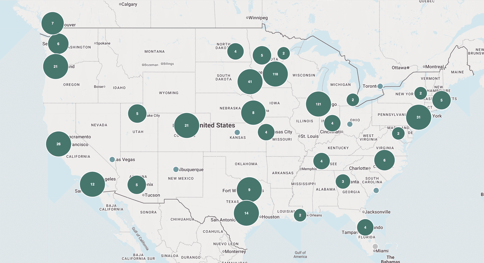 A map showing where your contacts live and the cities you've traveled — green location markers spread across the United States