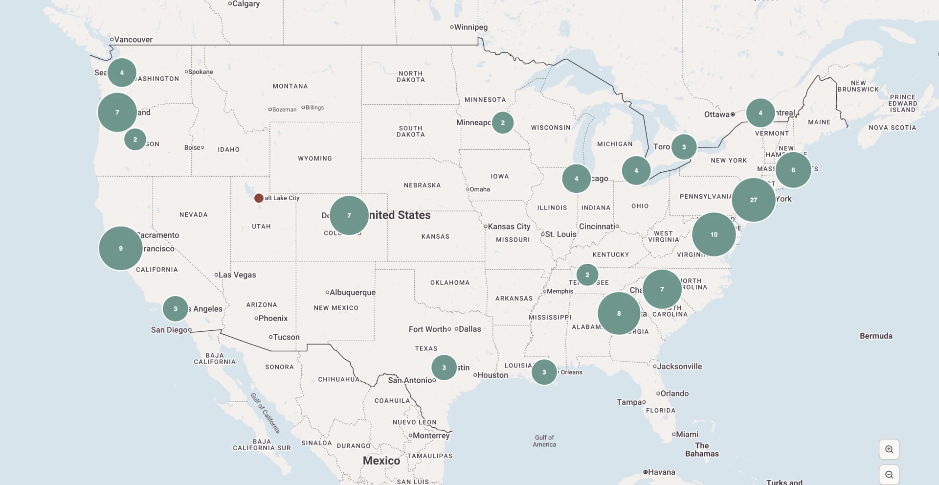 A map showing where your contacts live and the cities you've traveled — green location markers spread across the United States