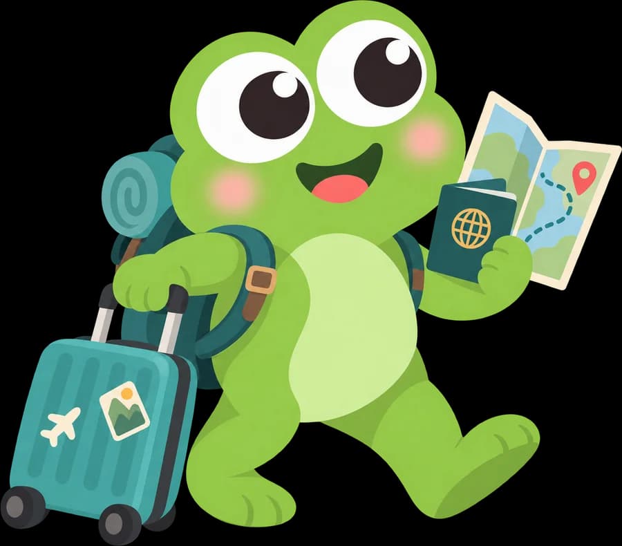 A frog with a backpack pulling a stickered suitcase, holding a passport and a folded map