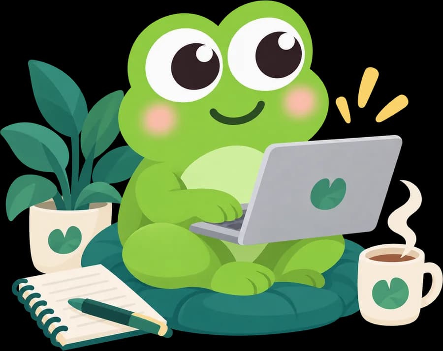 A frog sitting on a cushion typing on a laptop, with a notebook, a potted plant and a mug beside it