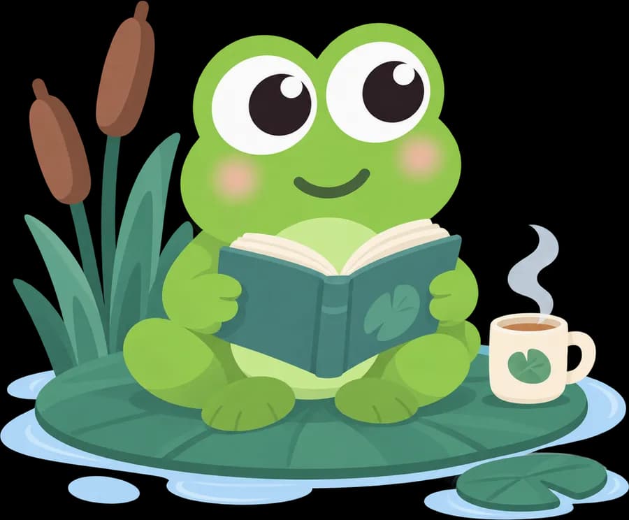 A frog sitting on a lily pad reading a book, a steaming mug beside it