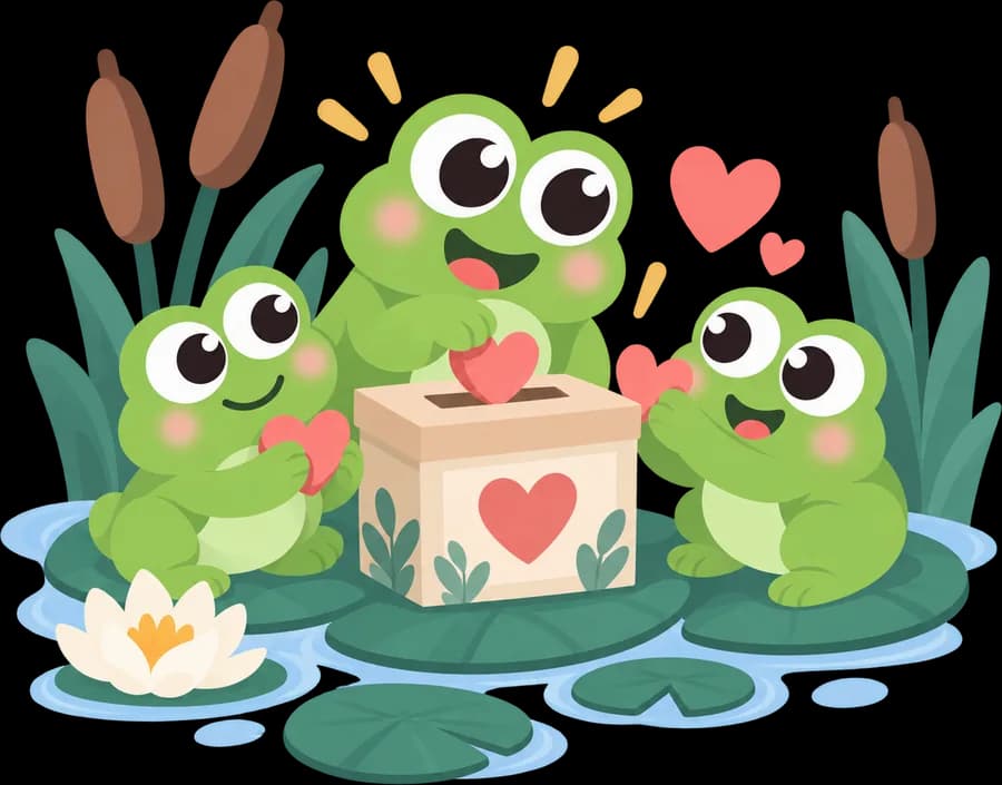 Three frogs on a lily pad gathered around a heart-marked box, each holding a small heart