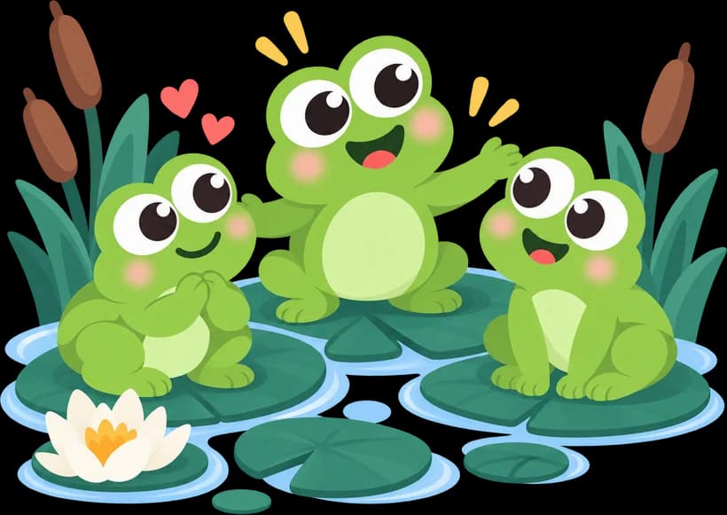 Three frogs on lily pads waving hello among cattails and a white lotus